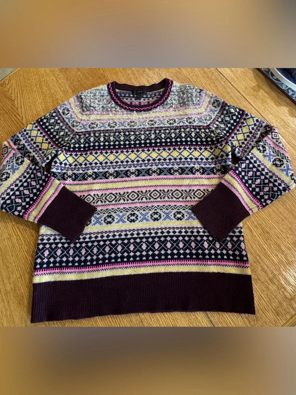 J. Crew Fair Isle Crewneck Sweater in Burgundy, Pink and Yellow